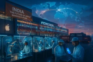 Foxconn workers and robotic arms collaborate in an advanced iPhone 17 assembly line.A digital map shows exports to the U.S. from India. Large banner declares India as Apple’s next manufacturing hub.