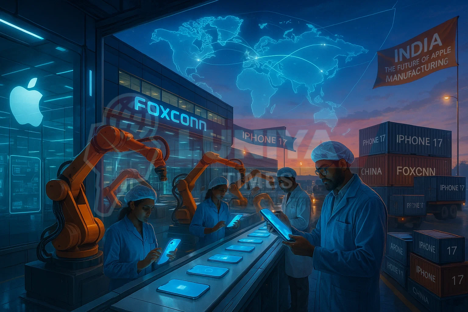 Engineers and robots assemble iPhone 17 devices in a futuristic Foxconn plant in India. Shipping containers labeled “iPhone 17” and a global map highlight exports. A banner reads “India – The Future of Apple Manufacturing.”