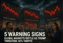 Traders panic across global exchanges—Wall Street, Frankfurt, and Paris—amid crashing stock graphs. Red downward trends dominate large display screens under stormy skies. (Tariff)