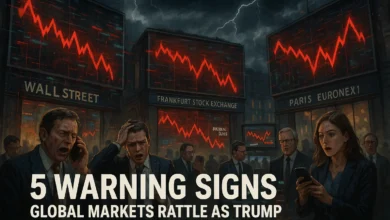 Traders panic across global exchanges—Wall Street, Frankfurt, and Paris—amid crashing stock graphs. Red downward trends dominate large display screens under stormy skies. (Tariff)