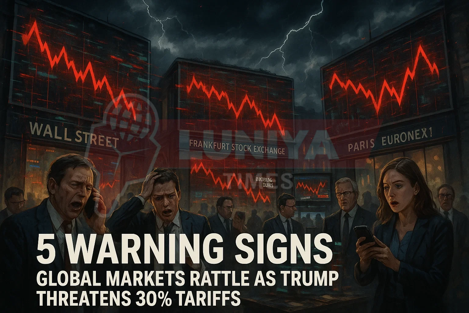 Traders panic across global exchanges—Wall Street, Frankfurt, and Paris—amid crashing stock graphs. Red downward trends dominate large display screens under stormy skies. (Tariff)