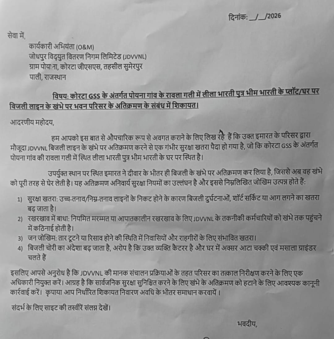 पोयणा:चौथे स्तंभ पर सीधा हमला" बिजली खंभे की खबर छापने पर मिली धमकी 1 WhatsApp Image 2026 01 29 at 4.56.33 PM