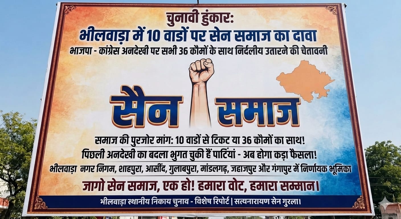 चुनावी हुंकारः भीलवाड़ा में 10 वार्डों पर सेन समाज का दावा, भाजपा - कांग्रेस अनदेखी पर सभी 36 कौमों के साथ निर्दलीय उतारने की चेतावनी 1 WhatsApp Image 2026 08 24 at 5.24.17 PM